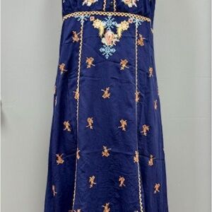 Navy Blue Viscose Embroidered Long Dress